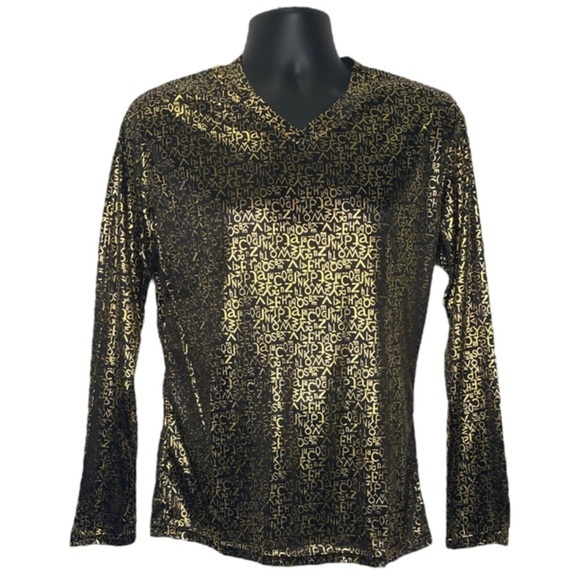 WSGYJ Other - WSGYJ Random Letter Mesh V-Neck Long Sleeve Shirt (Size:XXL, Color:Black/Gold)